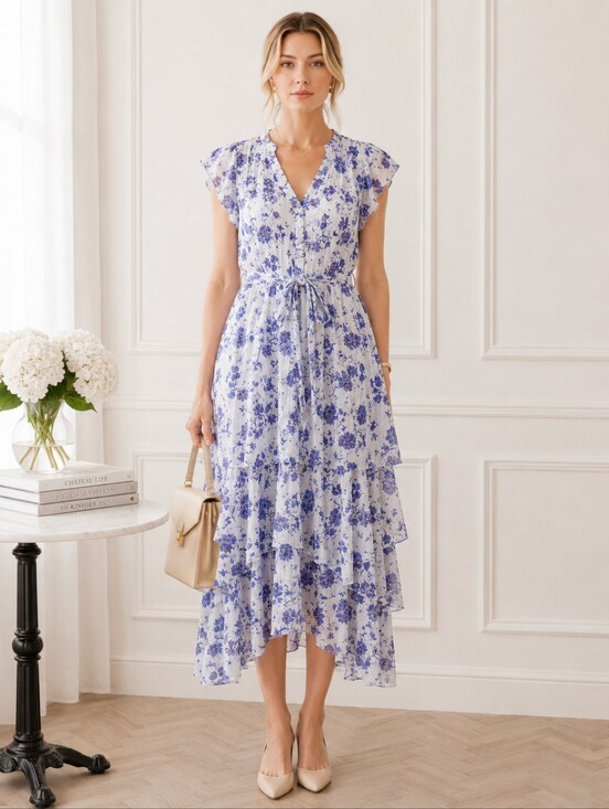 J Gee Dresses & Skirts - J Gee | Blue Floral Teired Midi Dress with V-Neck. | Size Medium